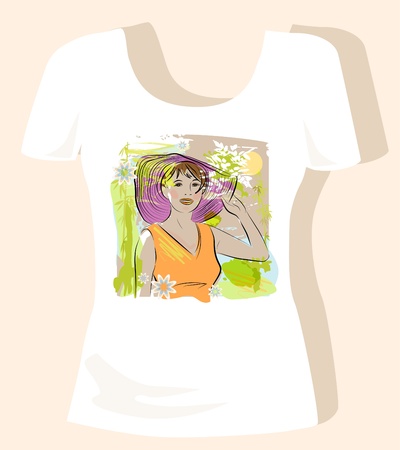 t-shirt design. Young women wearing a straw hat .のイラスト素材