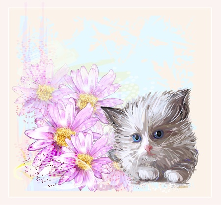 birthday card with  little fluffy kitten and gerberasのイラスト素材