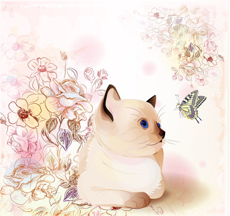  retro birthday greeting  card with thai kitten watching at butterfly . Watercolor style.のイラスト素材