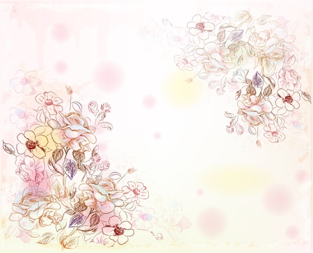 line art roses on the watercolor backgroundのイラスト素材