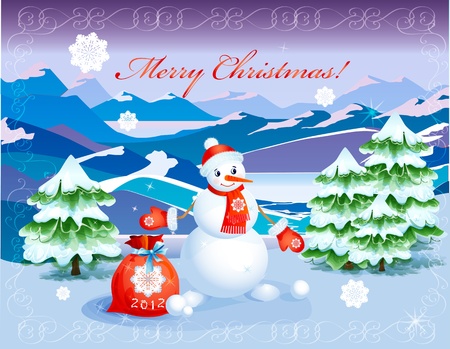 cute  smiling snowman   with red christmas sack のイラスト素材