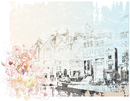 vintage illustration of Amsterdam street   Watercolor style のイラスト素材