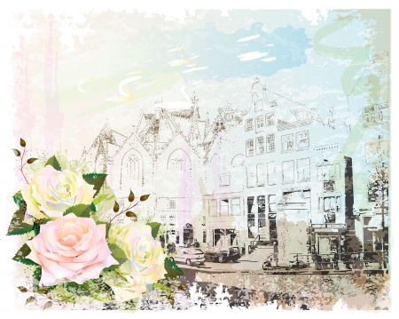 vintage illustration of Amsterdam street and roses. Watercolor style.のイラスト素材