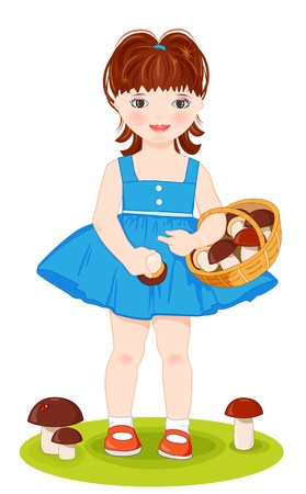 Little girls with basket full of mushroomsのイラスト素材