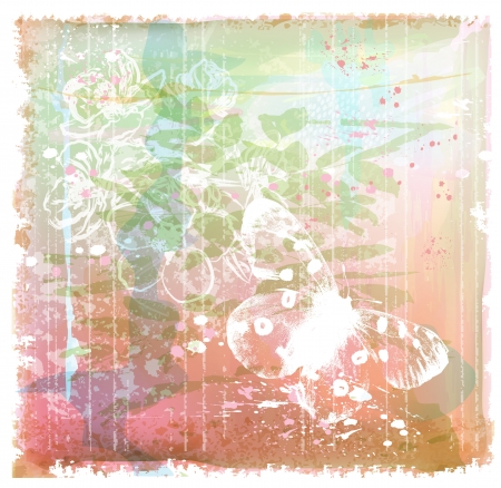 grunge background with butterfly and flowersのイラスト素材