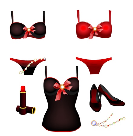 seductive lingerie collection, lipstick and shoesのイラスト素材