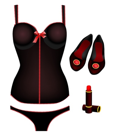 seductive lingerie collection, lipstick and shoesのイラスト素材