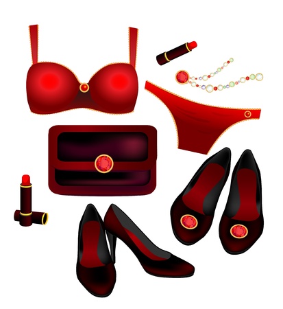 seductive lingerie, lipstick, clutch, necklace, and shoesのイラスト素材