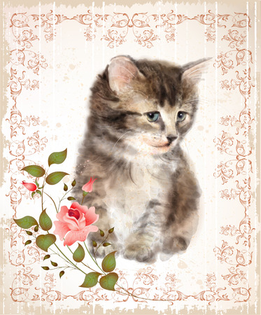 Vintage card with fluffy kitten and rose. Imitation of watercolor painting.のイラスト素材
