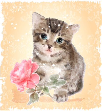 Fluffy kitten with rose.  Vintage postcard.  Imitation of watercolor painting.のイラスト素材