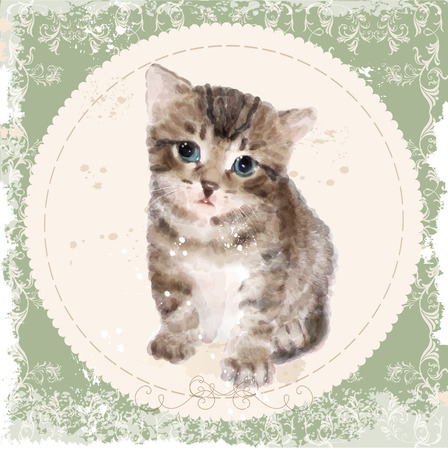 Vintage card with fluffy kitten. Imitation of watercolor painting.のイラスト素材