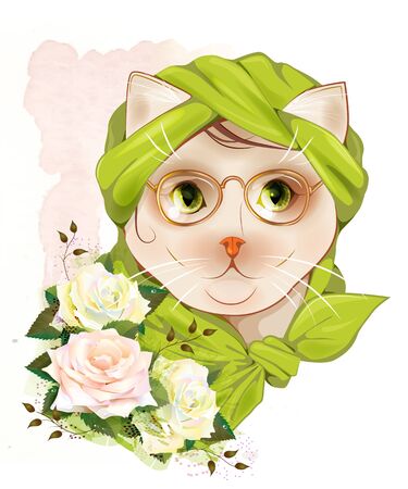 portrait of the hipster cat with glasses and  rosesのイラスト素材
