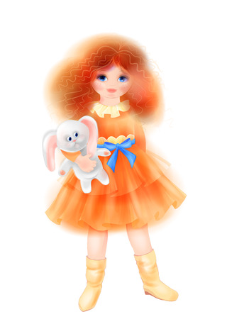 Portrait of romantic girl in vintage dress with bunny. Toy for children. Fashion girls clothing.. Watercolor style.のイラスト素材