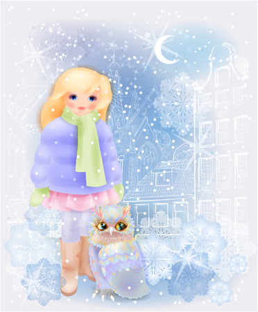 Young girl and fairytale owl in the snowy city. Christmas  and New Year illustration.  Winter in the city. Watercolor style.のイラスト素材