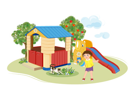 Girl playing with ball. Playground. Slider and  toy house.のイラスト素材