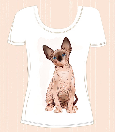 T-shirt design  with Canadian sphinx cat. Design for women's t-shirtのイラスト素材