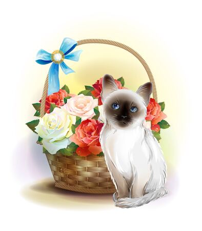 Happy birday card. Siamese kitten and basket with violets.のイラスト素材