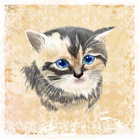 Portrait of three-colored kitten .  House pet. Vintage ornamental background.のイラスト素材