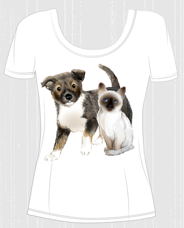 t-shirt design  with thai kitten and puppy. Design for women's t-shirtのイラスト素材