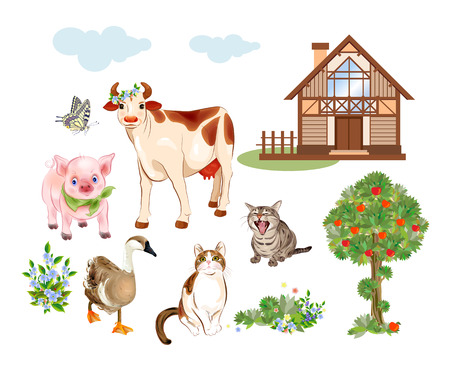 Set of farm animals and pets includes cow, cat, goose and pig. House, tree, flowers, cattle and butterfly are suitable for illustration of rural life. Cartoon style.のイラスト素材