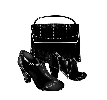 Black high-heeled ankle boots and bag. Fashion set.のイラスト素材