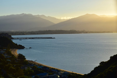 Sunset at Tata Beach and Port Tarakohe, New Zealand, South Island, Golden Bay.の写真素材