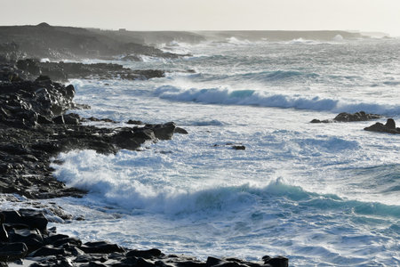 The west coast of Lanzarote in evening sun. Ocean waves breaking at the lava stones. Canary Islands,...