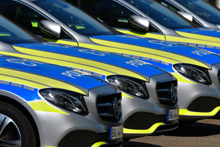 The front of several marked police cars in Germany standing side by side.のeditorial素材
