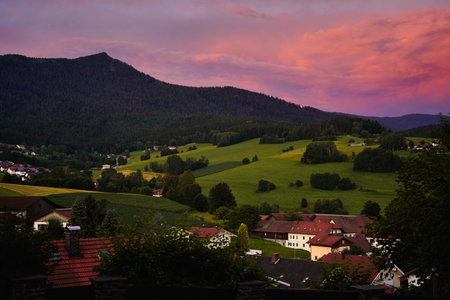 Beautiful sunset at mount Osser near the small town Lam. Part of Lamer Winkel, Bavarian Forest,...