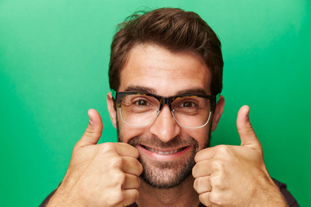 Thumbs up guy smiling at cameraの写真素材