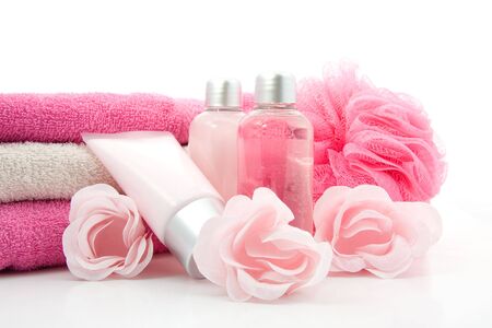 pink colored bath accessory, isolated on white backgroundの写真素材