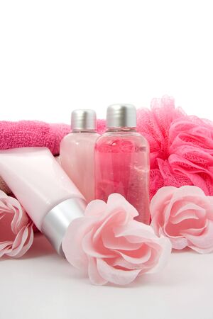 pink colored bath accessory, isolated on white backgroundの写真素材