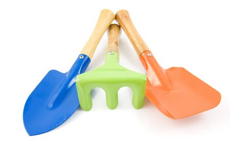 Colored gardening tools isolated on white backgroundの写真素材