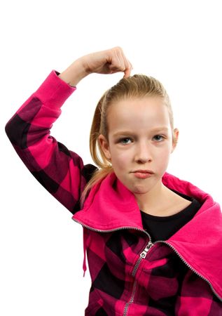 young blonde girl is looking questionable isolated on white backgroundの写真素材