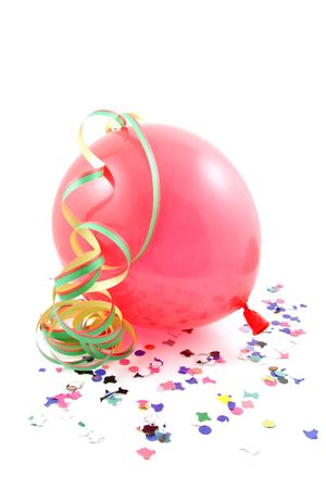 Balloon and party streamers for birthday isolated on white backgroundの写真素材