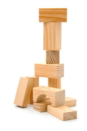 Wooden building blocks isolated on white backgroundの写真素材