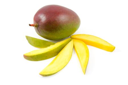 Frash mango fruit with slices over white backgroundの写真素材