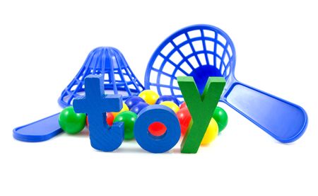 Play game "catch the ball" with colorful balls and the word Toy over white backgroundの写真素材