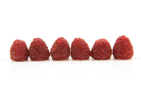 six fresh raspberries in a row over white backgroundの写真素材
