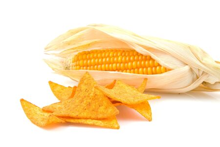 Tortilla chips with mais corn over white backgroundの写真素材