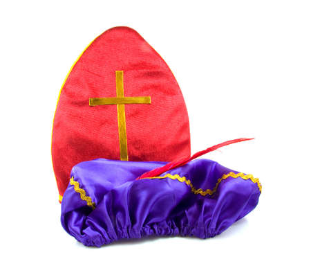 Mitre of sinterklaas and hat of zwarte piet ( black pete), part of typical dutch event in decemberの写真素材