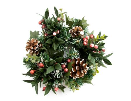 Green christmas wreath isolated on white backgroundの写真素材