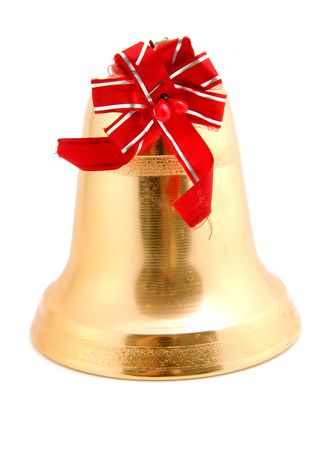 Golden christmas bell with red ribbon over white backgroundの写真素材
