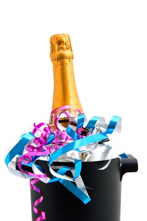 festive champagne in cooler isolated on white backgroundの写真素材