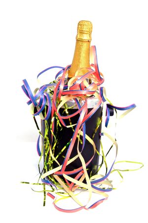 festive champagne in cooler isolated on white backgroundの写真素材