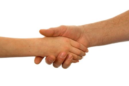 Adult men and child handshake over white backgroundの写真素材