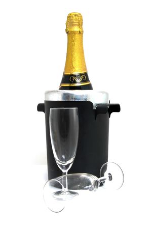 champagne bottle in cooler with two glasses over white backgroundの写真素材