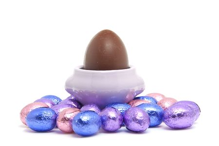 colorful chocolate easter eggs isolated on white backgroundの写真素材