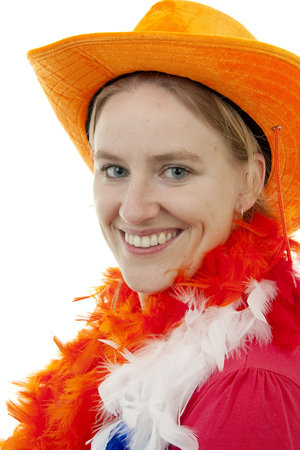 Portrait of Dutch soccer fan in closeup over white backgroundの写真素材