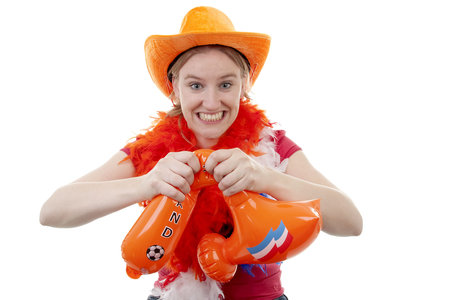 Dutch female soccer fan is angry, they lost the game, over white backgroundの写真素材